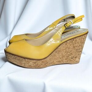 LK Bennett Yellow Patent Leather Cork Wedge Platform Heels Woman 41 (10 US) Ital